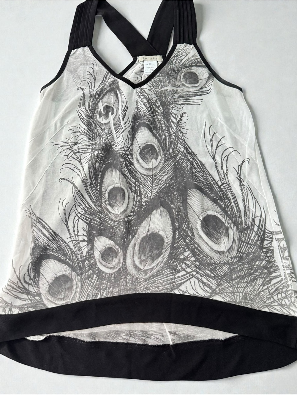 KATIE K Womens Small Boho Peacock Feather‎ V-Neck Racerback Monochrome Tank